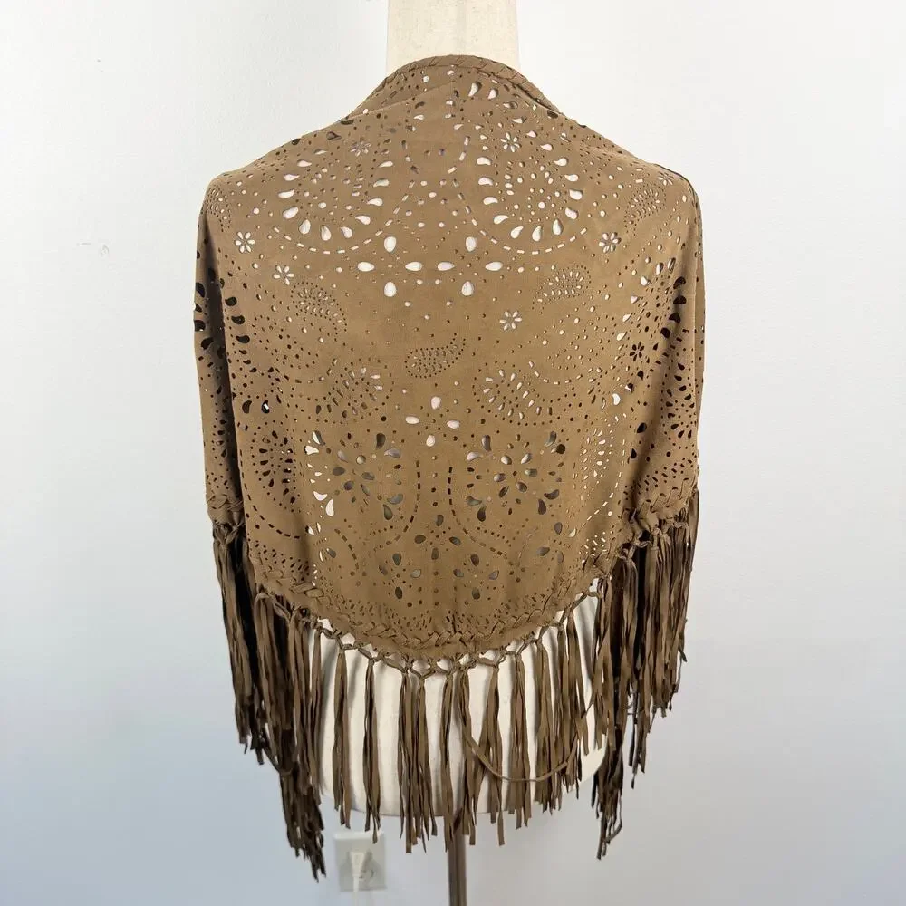 AMERICAN EAGLE Brown Faux Suede Lazercut Fringe Wrap Shawl Western